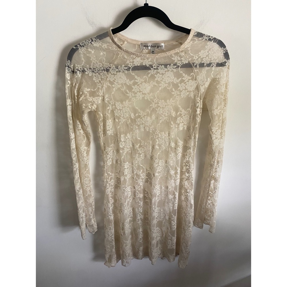 Madden Girl Cream Floral Lace Sheer Long Sleeve Mini Dress Cream Ivory Medium